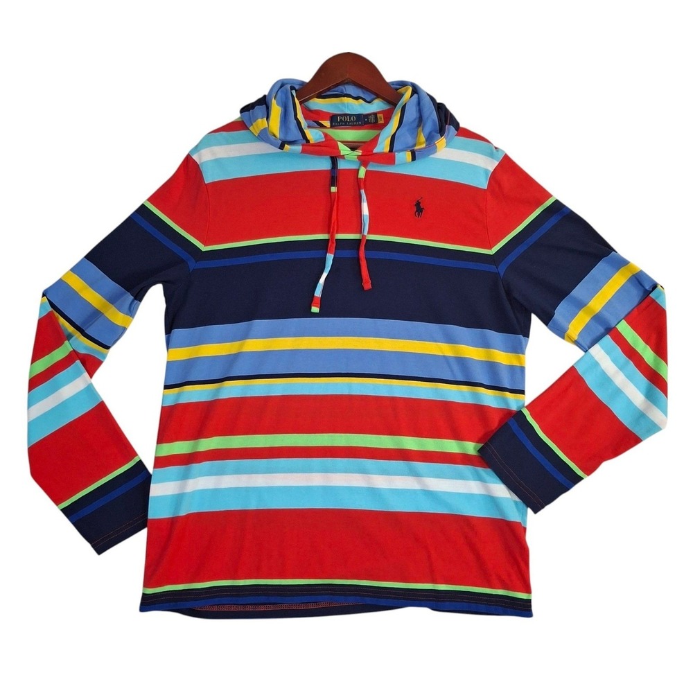 Polo Ralph Lauren Mens Multi Color Striped Hooded Shirt Long Sleeve M Red Blue